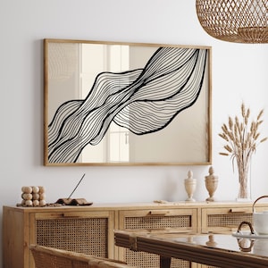 Horizontal Abstract Black Line Printable Wall Art, Large Size Minimalist Print Digital Download, Wavy Line Print, Modern Wall Decoration