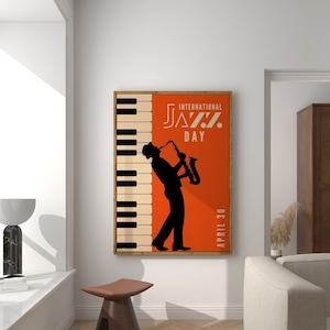 Jazz Day druckbare Wandkunst Orange Retro Jazz Musik Druck Mid Century Modern Print Vintage Musik Poster Retro Wohnkultur digitaler Download
