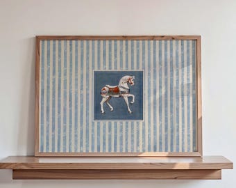 Vintage Carousel Horse Wall Art, Blue Striped Whimsical Horizontal Print, Farmhouse Nursery Wall Decor (Digital Download)