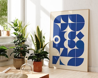 Blue Mid Century Modern Printable Wall Art, Large Size Geometric Print Download, Bauhaus Art Poster, Abstract Monochrome Print, Retro Art