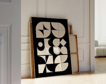 Black Mid Century Modern Printable Wall Art, Large Size Geometric Print Download, Bauhaus Art Poster, Abstract Monochrome Print, Retro Art
