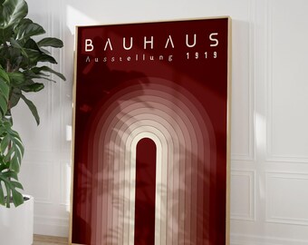 Burgundy Bauhaus Poster: Geometric Mid Century Modern Wall Art Print, Minimalist Arch Poster (Digital Download)