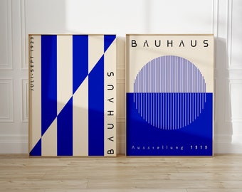 Juego de 2 impresiones de arte de pared Bauhaus azul, minimalistas y modernas de mediados de siglo, con rayas retro y ojos Bauhaus, decoración del hogar.