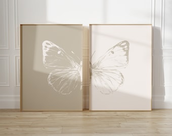 Butterfly Printable Wall Art Set of 2, Beige Butterfly Poster Print Digital Download, Minimalist Abstract Butterfly Print, Home Gift Art