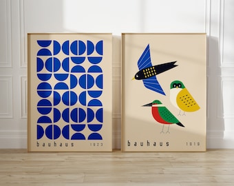 Set of 2 Bauhaus Printable Exhibition Posters, Birds Mid Century Modern Print Set, Retro Geometric Gallery Wall Art, Set of 2 Prints