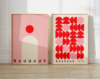 Set of 2 Bauhaus Printable Exhibition Posters Blush Pink Mid Century Modern Print Set Red Retro Bauhaus Home Decor Gallery Wall Art Set