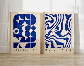 Set of 2 Bauhaus Printable Exhibition Posters, Mid Century Modern Print Set, Navy Blue Retro Bauhaus Wall Art, Set of 2 Prints