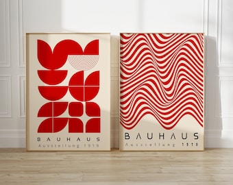 Mid Century Modern Printable Wall Art Set of 2, Red Bauhaus Print, Bauhaus Poster Download, Minimalist Home Decor, Abstract Print Set