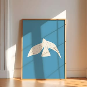 Arte mural imprimible de pájaro abstracto, impresión artística de pájaro, póster minimalista de pájaro, arte mural digital azul cielo, regalo para ella, decoración única para el hogar