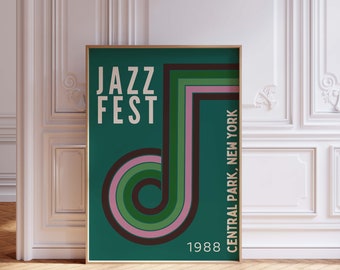 May include: A teal poster with a stylized musical note design in pink, green, and brown. The text "JAZZ FEST" is in white and "CENTRAL PARK, NEW YORK 1988" is in white and rotated 90 degrees.