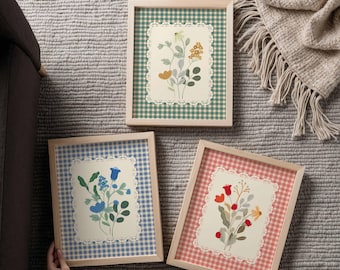 Cottagecore Gingham Floral Wall Art Set of 3: Grandmillennial Art Print (Digital Download)