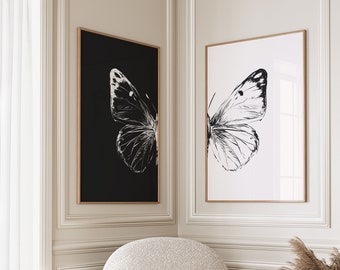 Black and White Sketch Butterfly Wall Art Print Set of 2, Butterfly Printable Wall Art, Modern Butterfly Print Poster Download