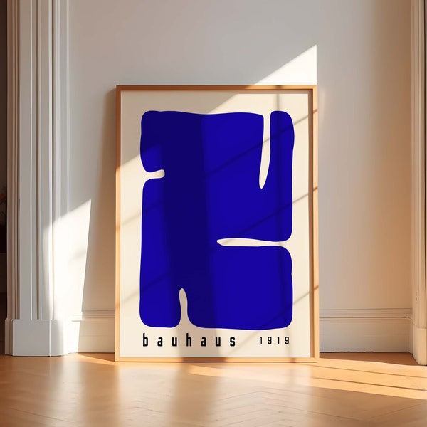 Affiche imprimable Bauhaus, bleu Mid-Century, impression moderne, art mural rétro Bauhaus, art minimaliste surdimensionné, forme organique, affiche de l'exposition