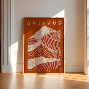 Arte de parede imprimível Bauhaus, impressão minimalista laranja queimada, pôster de exposição, impressão moderna de montanha de meados do século, arte digital retrô Bauhaus