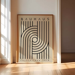 Schwarzes Bauhaus druckbares Plakat, Mid Century Modern Print, Retro Bauhaus Wandkunst, geometrisches Ausstellungsplakat, minimalistisches Oversize Kunst
