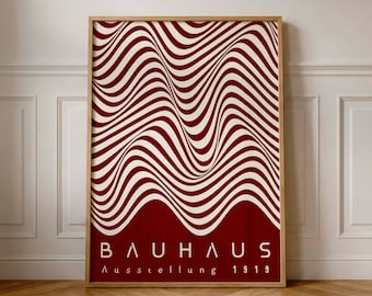 Burgundy Bauhaus Poster: Wavy Mid Century Modern Wall Art Print (Digital Download)
