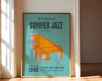 May include: A teal poster with a line drawing of a yellow grand piano. The poster advertises the International Summer Jazz Festival in Central Park, New York, July 25-27, 1990.