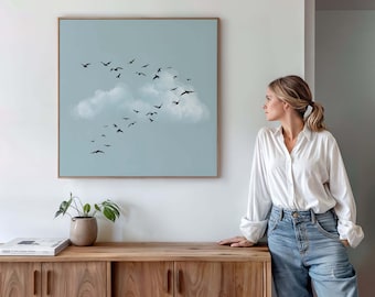 Flying Birds Silhouette Square Printable Wall Art: Minimalist Blue Sky Cloud Landscape Nature Print