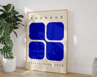 Arte mural imprimible Bauhaus, impresión moderna de mediados de siglo, impresión de arte minimalista azul, póster retro Bauhaus, póster de exposición geométrica digital