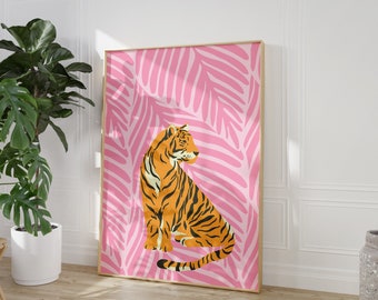 Tiger Printable Wall Art Pink Animal Print Preppy Illustration Jungle Poster Eclectic Home Art Decor Colorful Large Art Gallery Wall