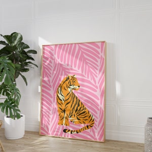 Tigre imprimible pared arte rosa animal impresión preppy ilustración selva cartel ecléctico hogar arte decoración colorida gran galería de arte pared