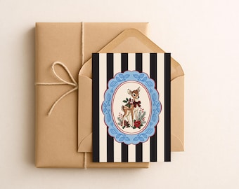 Printable Christmas Card: Vintage Christmas Deer Card, Whimsical Holiday Greeting Card