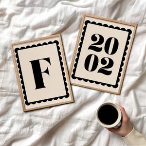Impresión personalizada de letras y años, arte de pared imprimible con iniciales personalizadas, impresión minimalista, arte tipográfico elegante, póster moderno de año personalizado