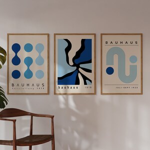 Blue Bauhaus Printable Wall Art Set of 3, Mid Century Modern Art Print ...