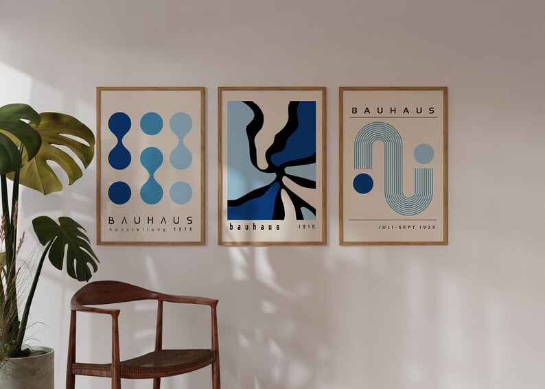 Blue Bauhaus Printable Wall Art Set of 3, Mid Century Modern Art Print ...