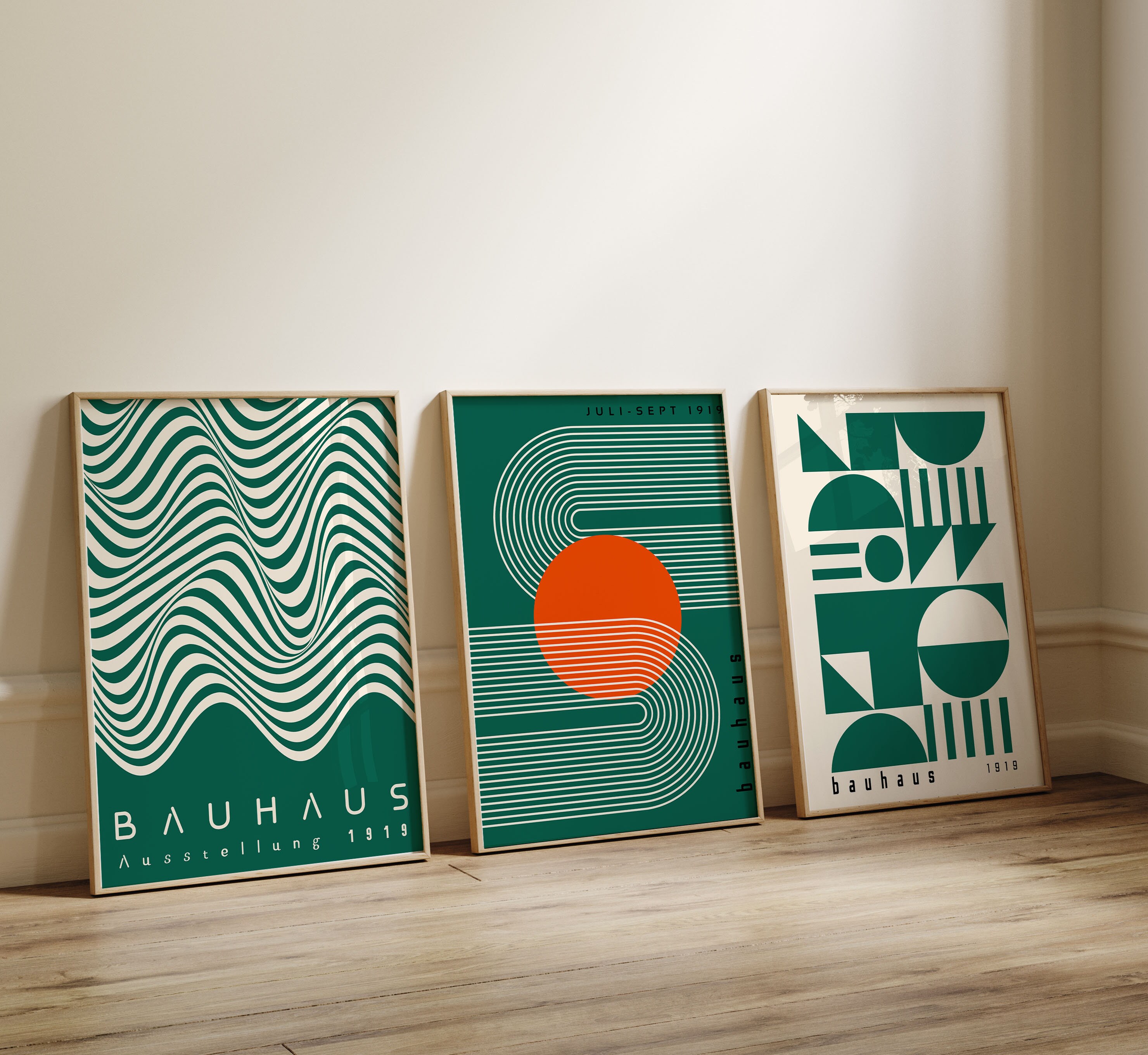 Bauhaus Printable Wall Art Set, Green Bauhaus Print Set of 3, Retro ...