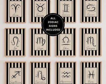 Zodiac Sign Wall Art Set of 12: Black Striped Minimalist Astrology Bundle,  (Digital Download)