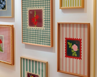 Juego de sellos florales vintage para pared, impresiones artísticas de cuadros vichy coloridos, decoración botánica retro para pared.