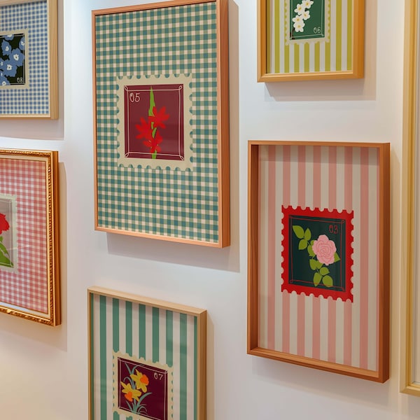 Zestaw ścienny z galerią znaczków w stylu vintage z motywem kwiatowym, kolorowe wydruki w kratkę gingham, dekoracja ścienna w stylu retro z motywem botanicznym