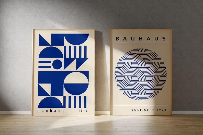 Blue Bauhaus Printable Wall Art Set of 2, Mid Century Modern Minimalist ...