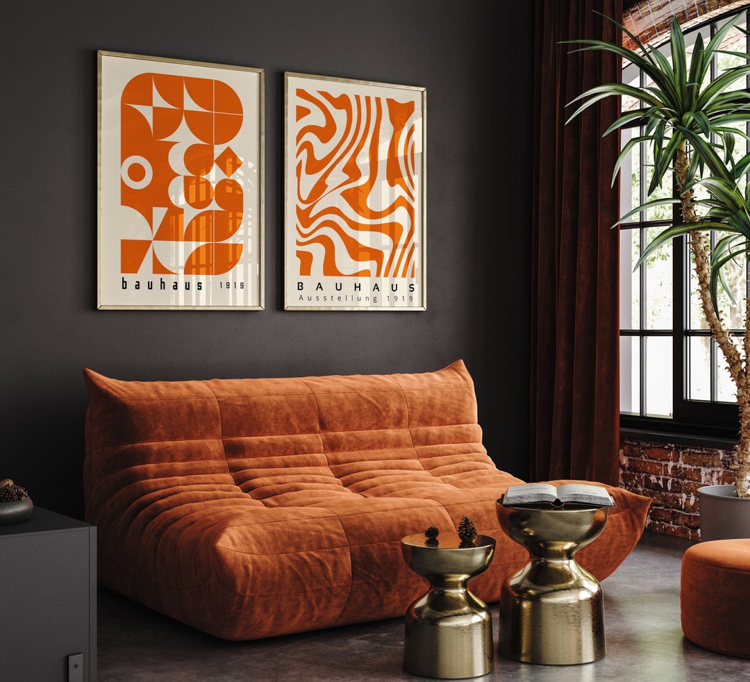 Bauhaus Printable Wall Art Set of 2, Orange Mid Century Modern Print ...