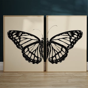 Black Sketch Butterfly Printable Wall Art Set of 2, Butterfly Print Digital Download, Split Butterfly Wings Art Print, Bedroom Wall Art
