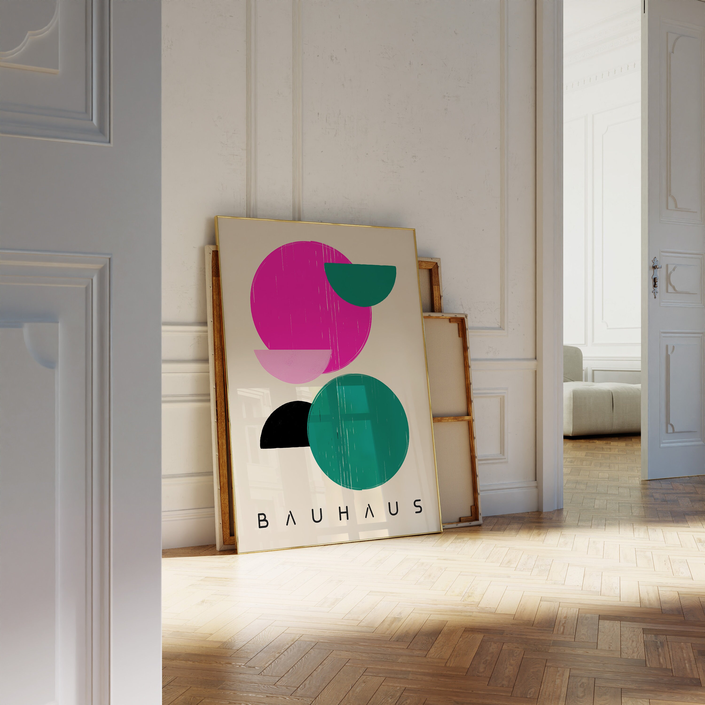 Hot Pink Bauhaus Printable Wall Art Set of 3, Green Mid Century Modern ...