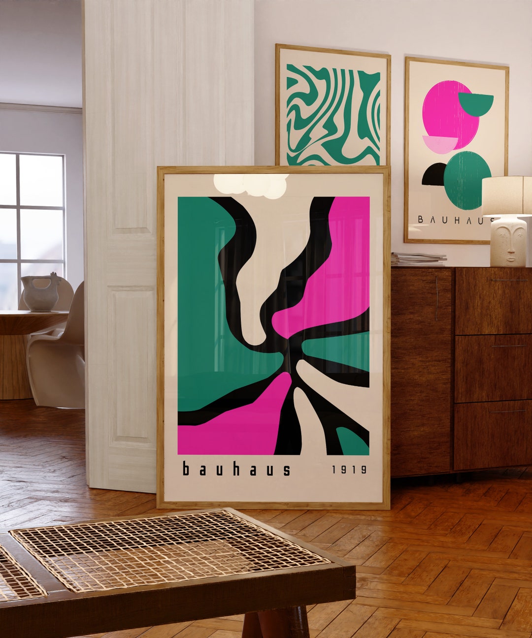 Hot Pink Bauhaus Printable Wall Art Set of 3, Green Mid Century Modern ...