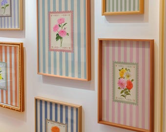 Póster de rayas botánicas de estilo vintage, impresiones de arte mural con estampados florales estilo cottagecore, decoración de pared con galería de flores pastel (descarga digital)
