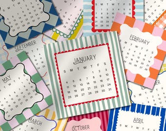 2026 Mini Funky Calendar Cards: Square Monthly Cute Desk Calendar Set (PDF Digital Download)