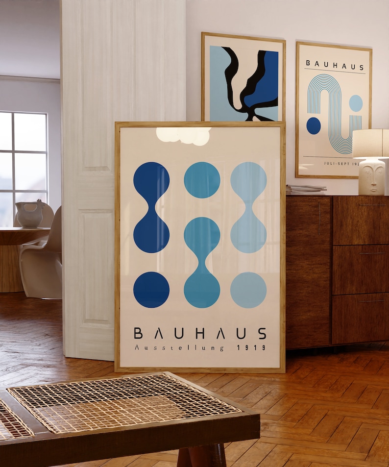 Blue Bauhaus Printable Wall Art Set of 3, Mid Century Modern Art Print ...