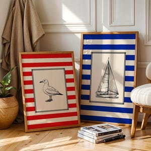 Juego de 2 impresiones náuticas para pared, póster de rayas costeras, impresión de velero y gaviota, póster de arte de pared de verano, impresión de arte de pared de vela