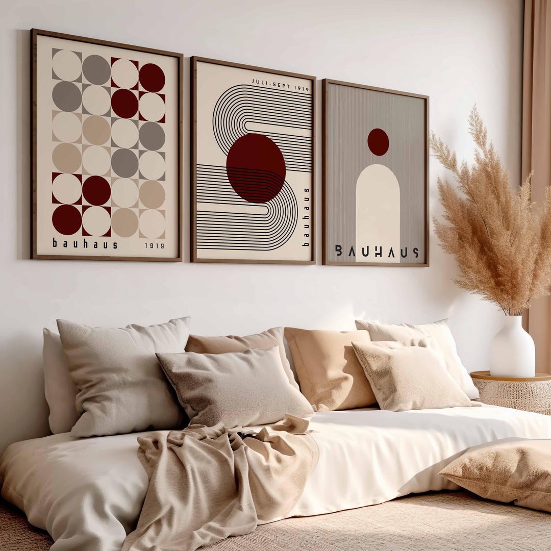 Burgundy Bauhaus Poster Set of 3: Geometric Mid Century Modern Wall Art ...