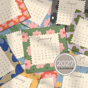 May include: A 2027 calendar featuring multiple monthly pages with floral borders in various colors including red, green, blue, and purple. Each page displays the month name in script, a grid of dates, and a stamp-like edge design on the paper.