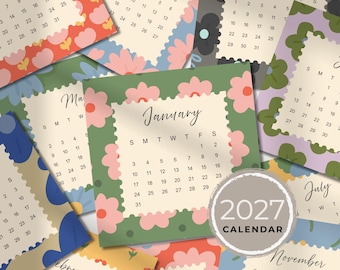 Tarjetas de mini calendario 2027: Juego de calendarios mensuales imprimibles cuadrados con diseño floral retro (descarga digital)