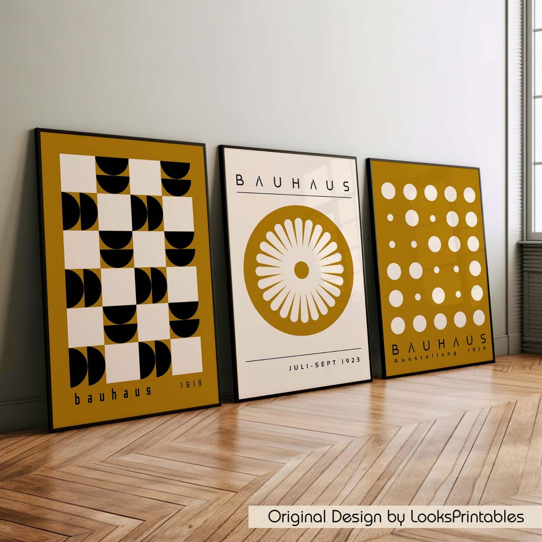 Mustard Bauhaus Wall Art Set of 3: Exhibition Style Mid Century Modern ...