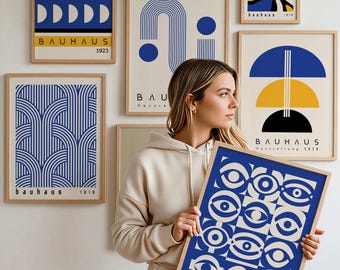 Bauhaus Blue Mustard Printable Wall Art: Geometric Modern Set of 6 Prints