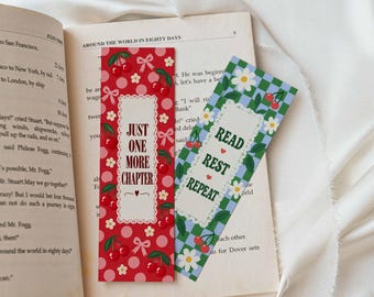 Printable Bookmark Set of 2: Coquette Cherry & Checkered Bookish Bookmark, Book Lover Reading Quotes