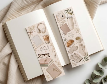 Printable Bookmark Set of 2: Neutral Cozy Slow Living Bookmark, Book Lover Bookmark