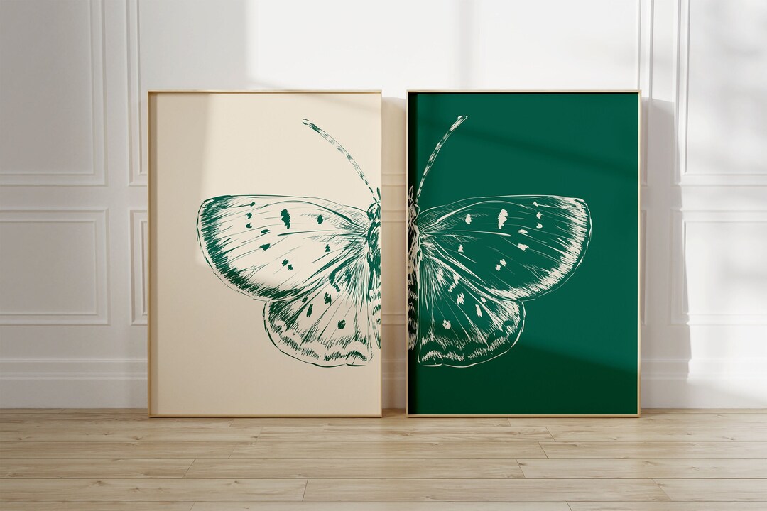 Emerald Green Butterfly Printable Wall Art Set of 2, Sketch Butterfly ...